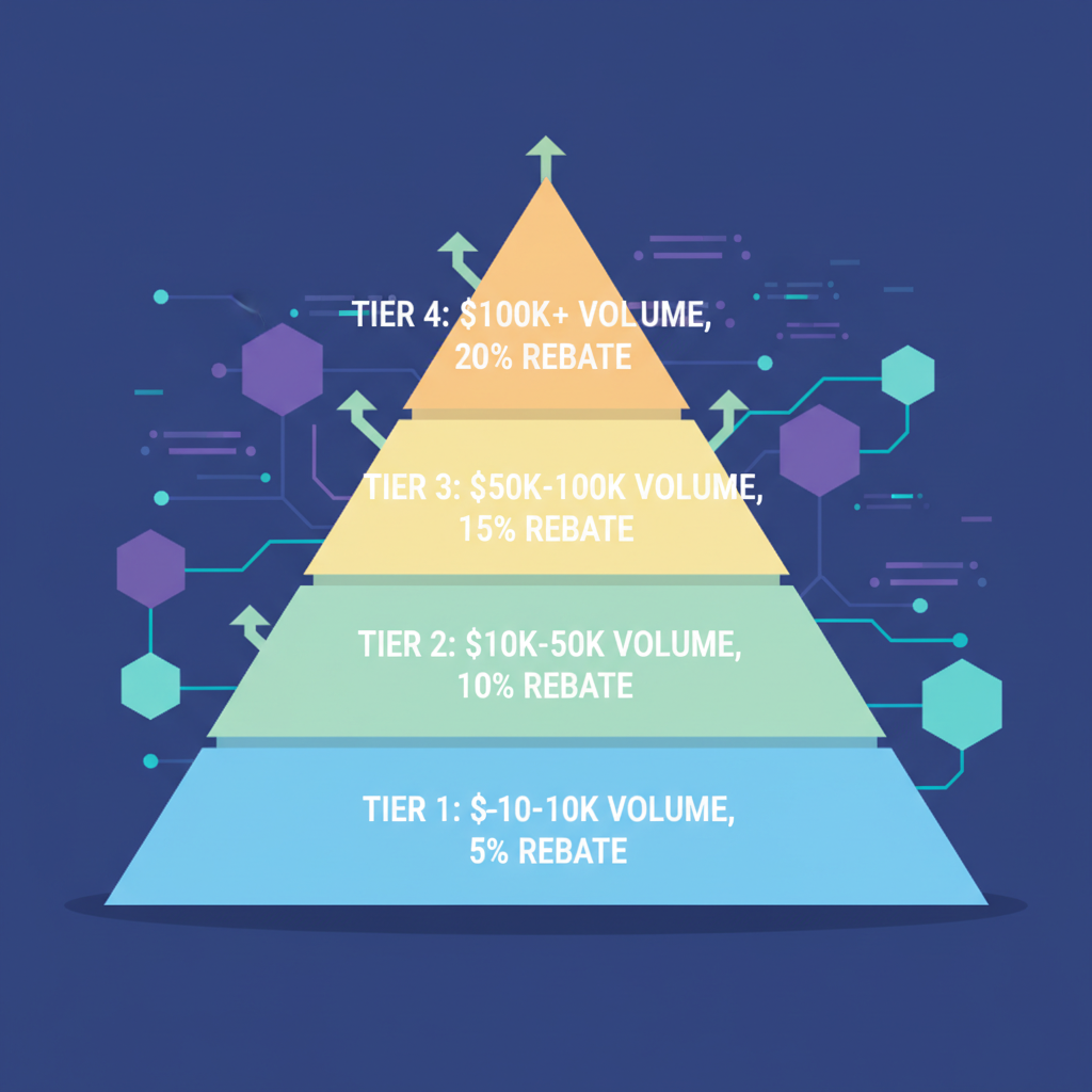 colorful tiered pyramid chart of trading volume rebates on blockchain background