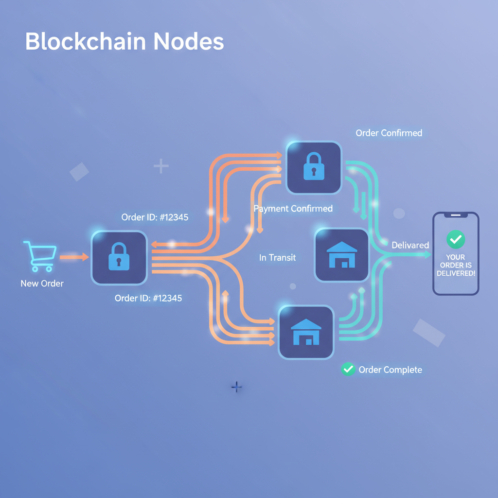 blockchain nodes tracking orders with glowing data flows
