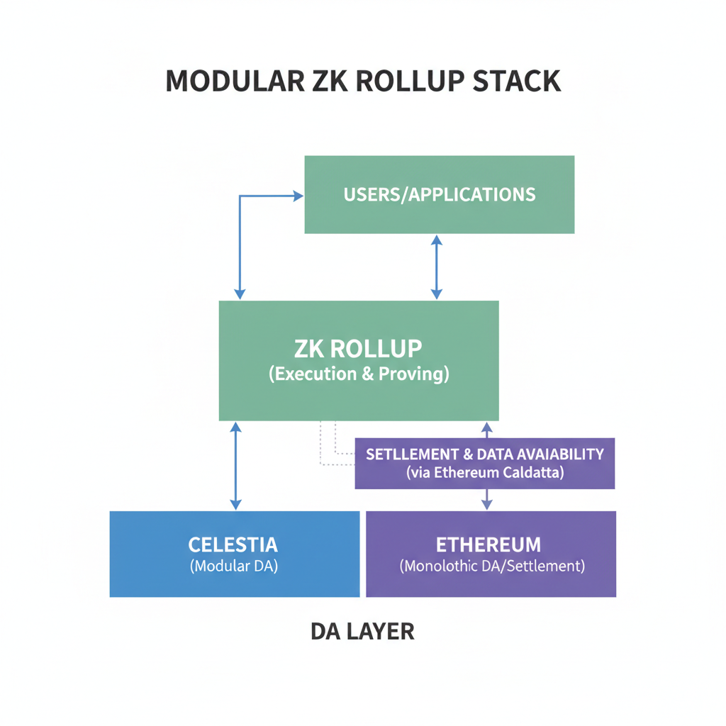 diagram integrating DA layer Ethereum Celestia zk rollup stack