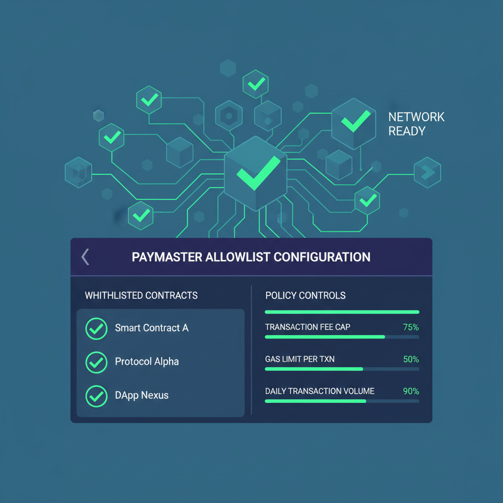 dashboard configuring paymaster allowlist, checklists and policy sliders, neon green checks on blockchain network