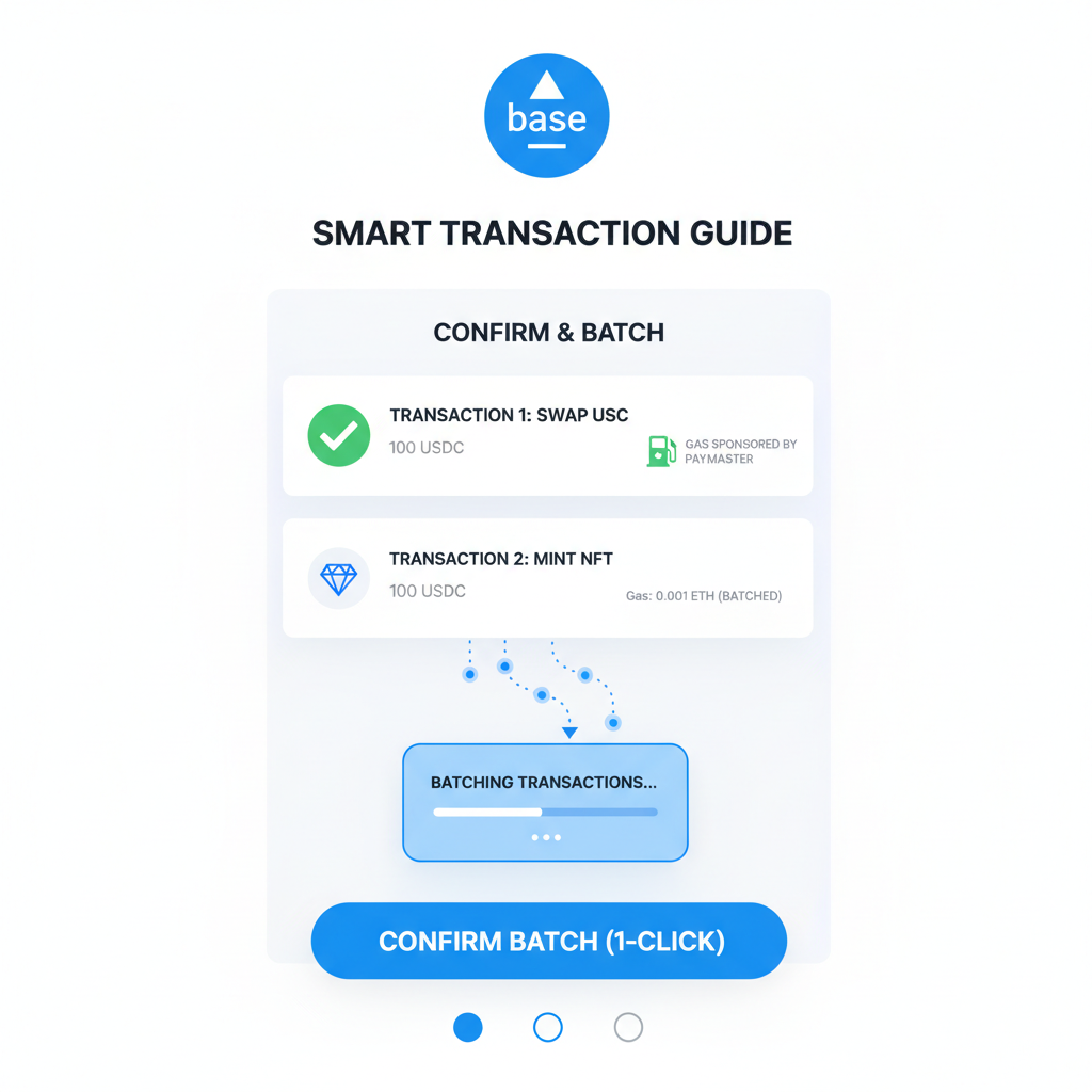 smart wallet interface with paymaster gas sponsorship, transaction batching animation, base network logo