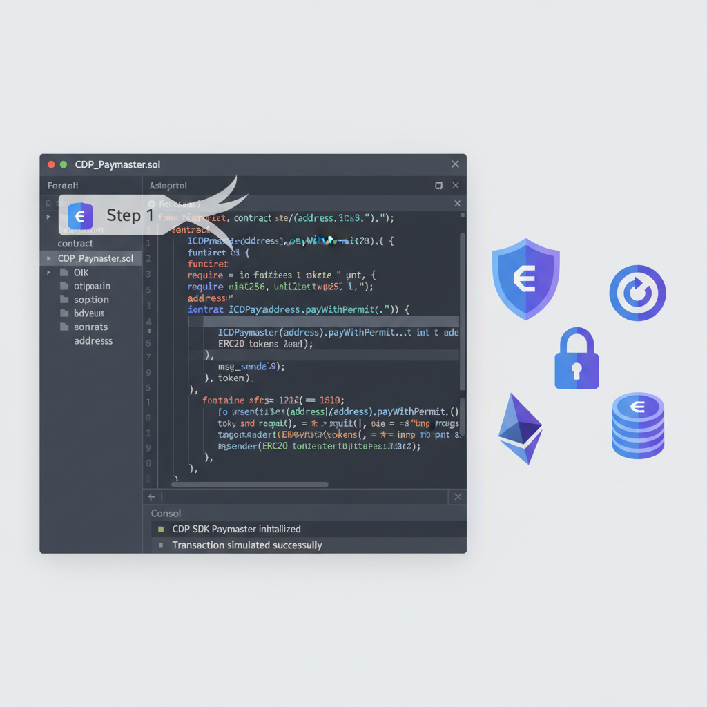 code editor integrating CDP SDK paymaster, syntax highlighted, ethereum smart contract icons floating