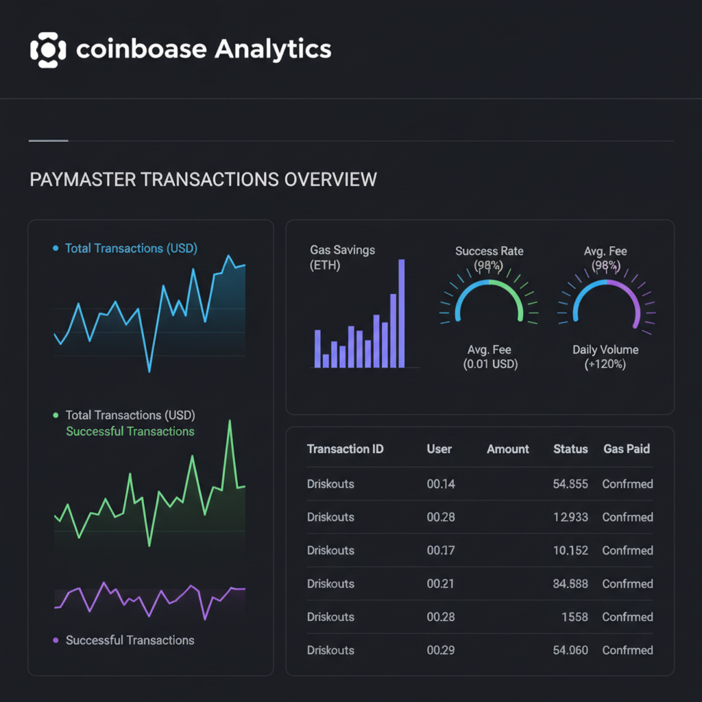 analytics dashboard tracking paymaster transactions, charts spiking, coinbase branding, dark mode UI