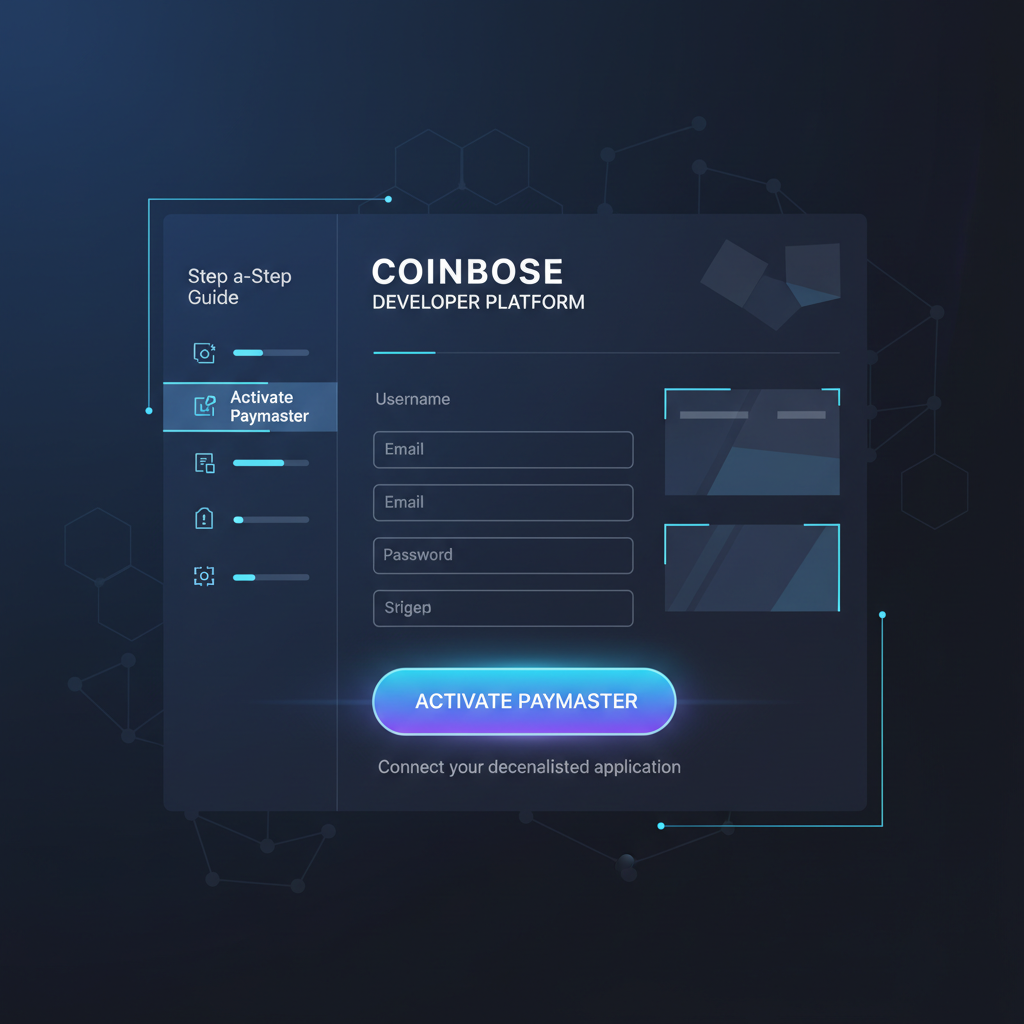 sleek coinbase developer dashboard signup screen, glowing paymaster activation button, futuristic blockchain UI