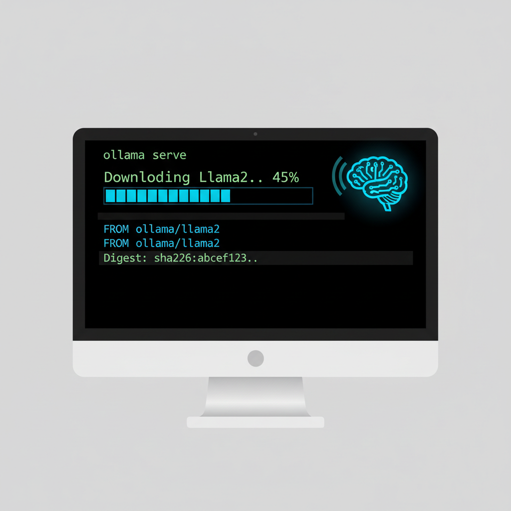 Ollama running on localhost terminal, Llama model downloading, glowing AI brain icon
