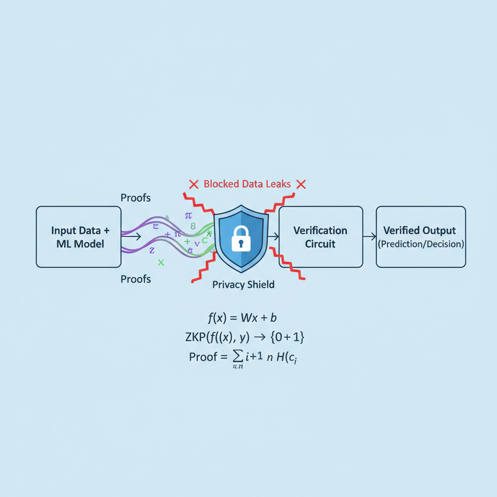 zkML circuit diagram with proofs flowing, shield icon blocking data leaks, math equations