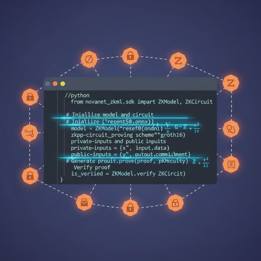 NovaNet zkML SDK code snippet in IDE, ZKP circuits glowing, decentralized network nodes