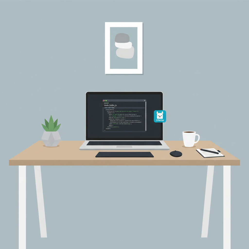 clean developer desk with laptop running Node.js terminal, Ollama icon, modern minimalist style