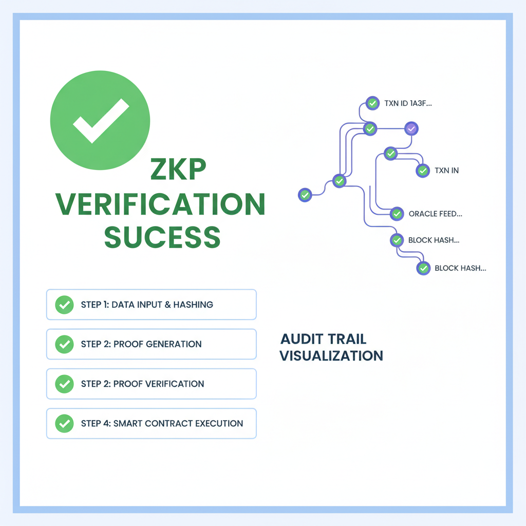 testing dashboard with green checkmarks, ZKP verification success, audit trail visualization
