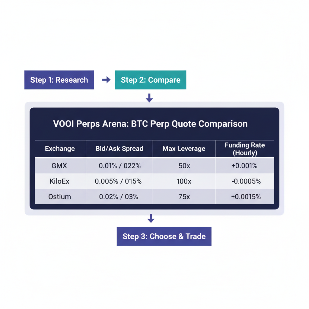 VOOI Perps Arena quote comparison table for BTC perp, columns for GMX KiloEx Ostium showing bid/ask spreads, leverage options, dark mode UI