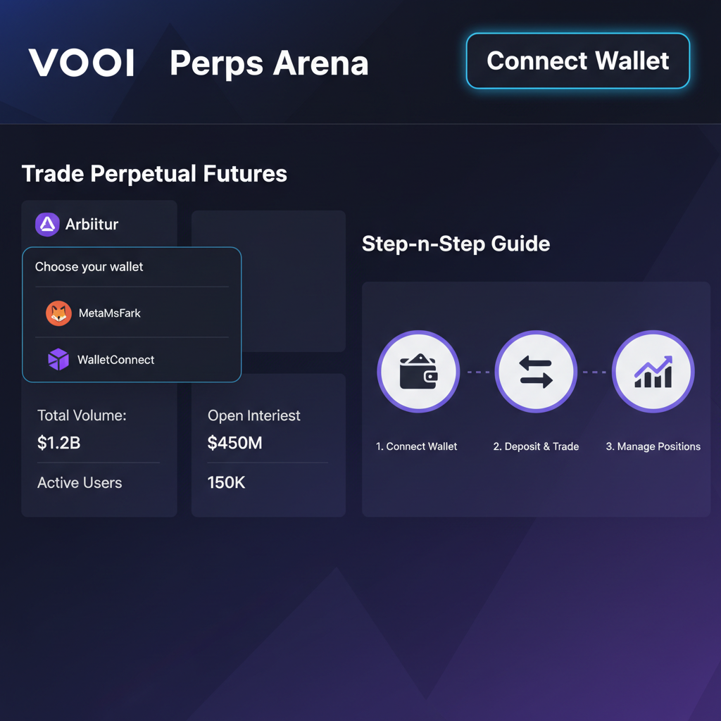 Clean DeFi UI screenshot of VOOI Perps Arena homepage with prominent Connect Wallet button, wallet popup, Arbitrum logo, modern dark theme