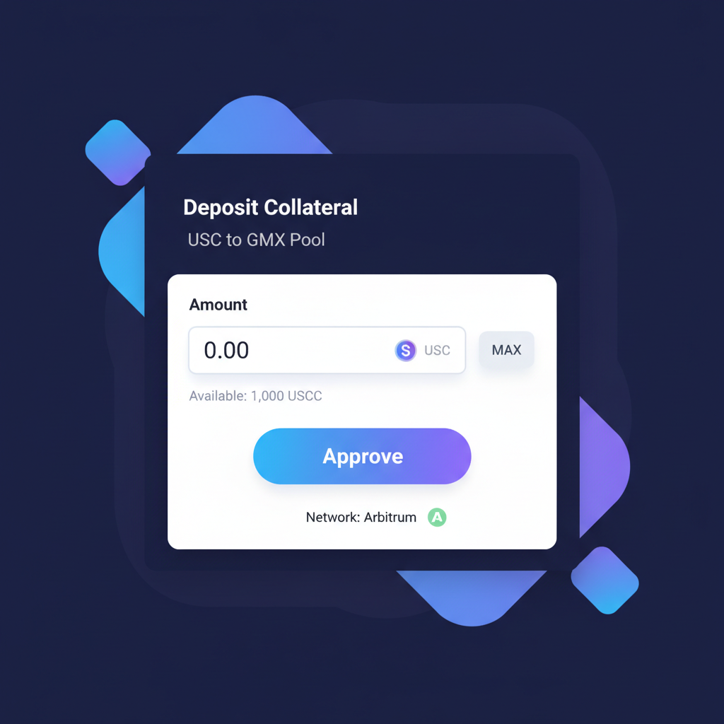 VOOI Perps Arena deposit modal for USDC collateral to GMX pool, input field, approve button, Arbitrum network indicator, sleek interface