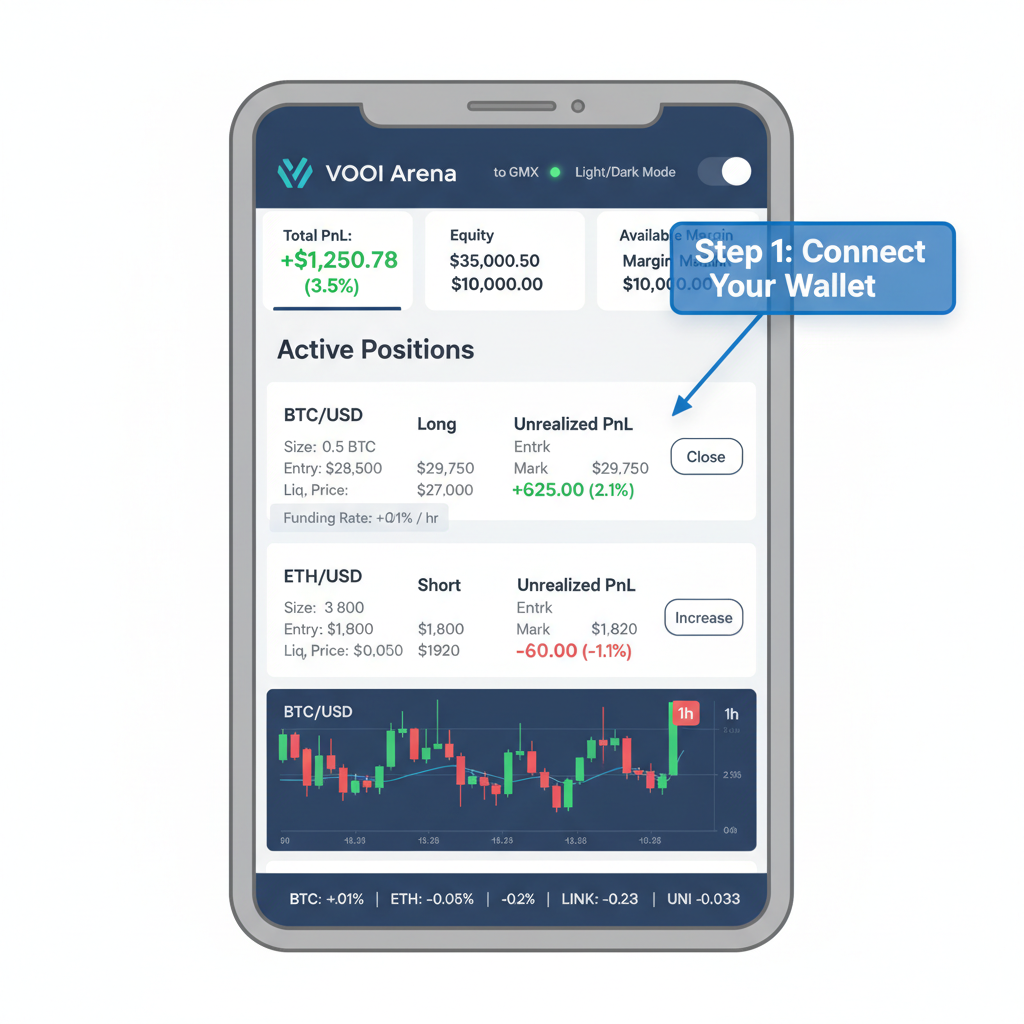 VOOI Arena PnL dashboard for GMX position, live charts, profit/loss metrics, funding rate ticker, responsive mobile-friendly UI