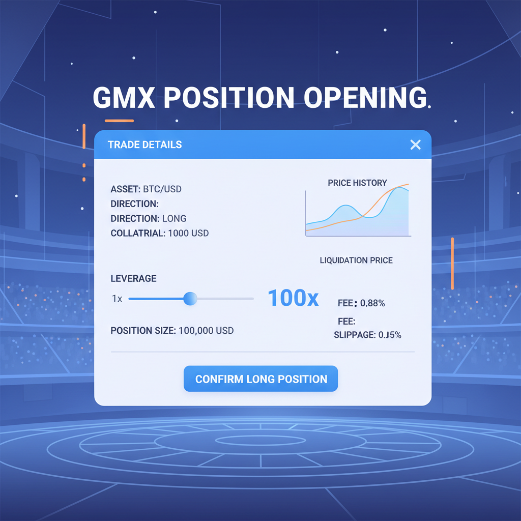 GMX position opening interface in VOOI Arena, 100x leverage slider maxed, BTC long position details, confirm button, dynamic charts