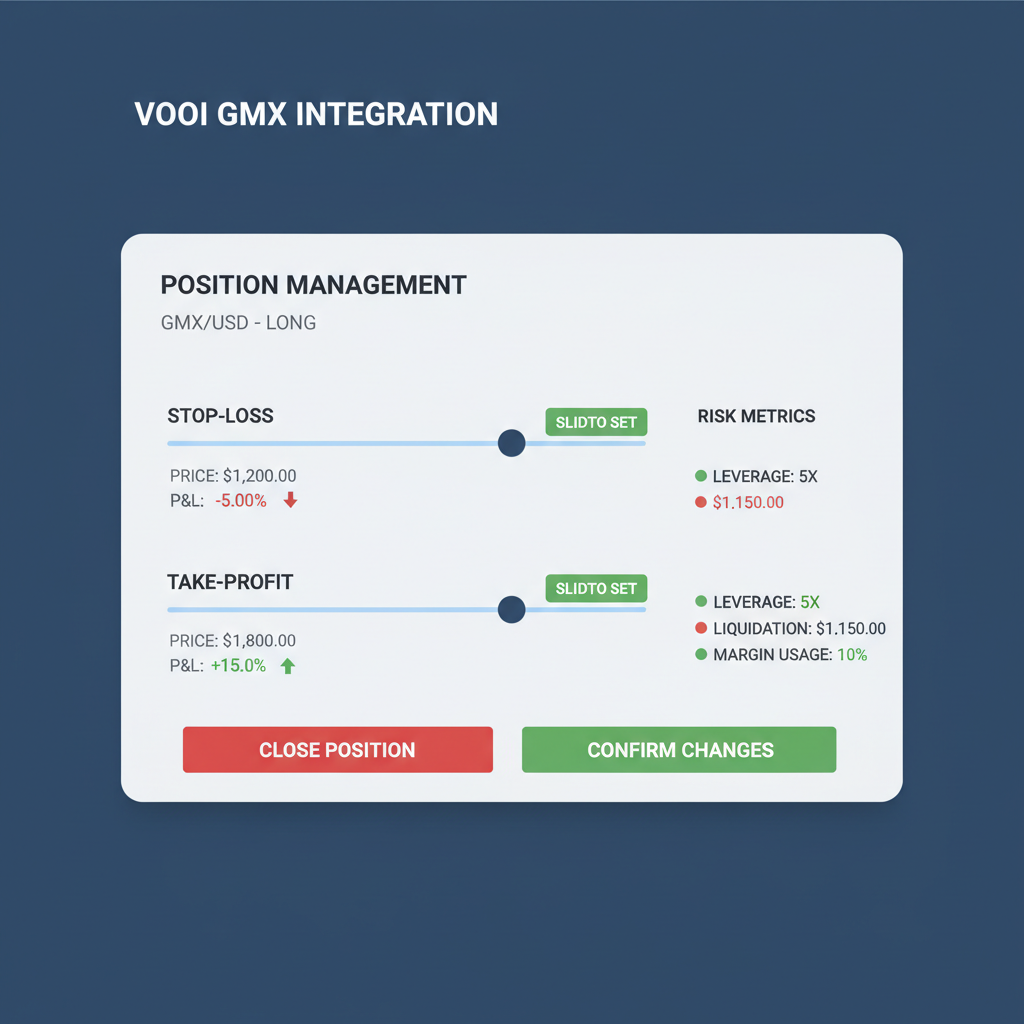 Position management panel in VOOI GMX integration, stop-loss take-profit sliders, risk metrics display, green/red indicators