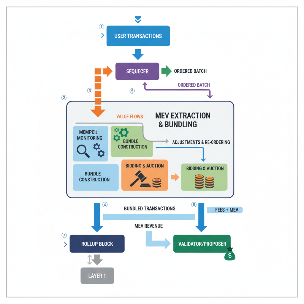 MEV extraction mechanism in a high-tech rollup environment with value flows and adjustments