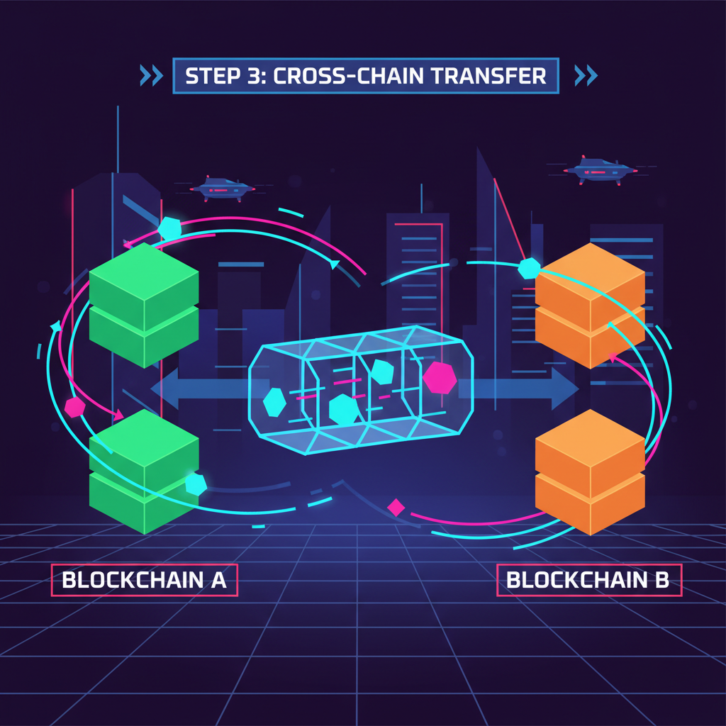 futuristic cross-chain bridge glowing with neon lights connecting blockchain nodes, cyberpunk style