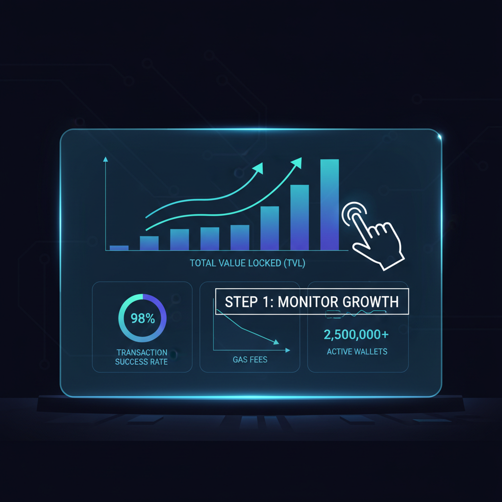 sleek dashboard screen showing surging TVL graphs and blockchain metrics, holographic display