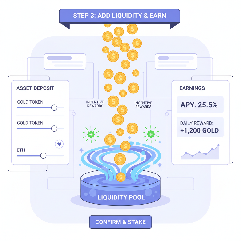 vibrant liquidity pool filling with golden tokens and incentive rewards, DeFi dashboard view