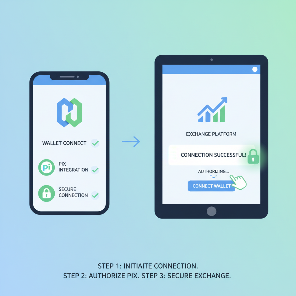 crypto wallet connecting to exchange app interface with Brazil PIX logo and secure lock icon, modern UI, green checkmarks