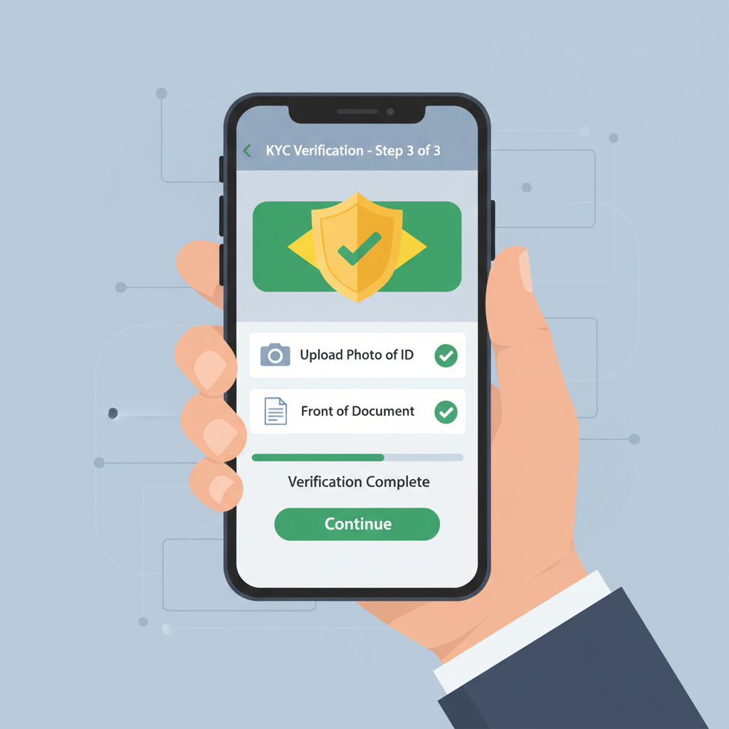 person uploading ID documents on mobile app KYC screen, Brazilian flag, verification badge, secure and professional