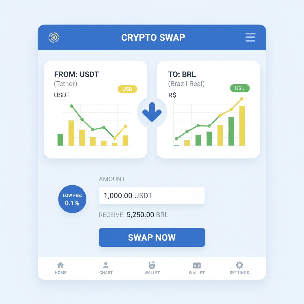 crypto swap interface converting USDT to BRL, exchange app screen with charts, low fee indicator, Brazil currency symbols