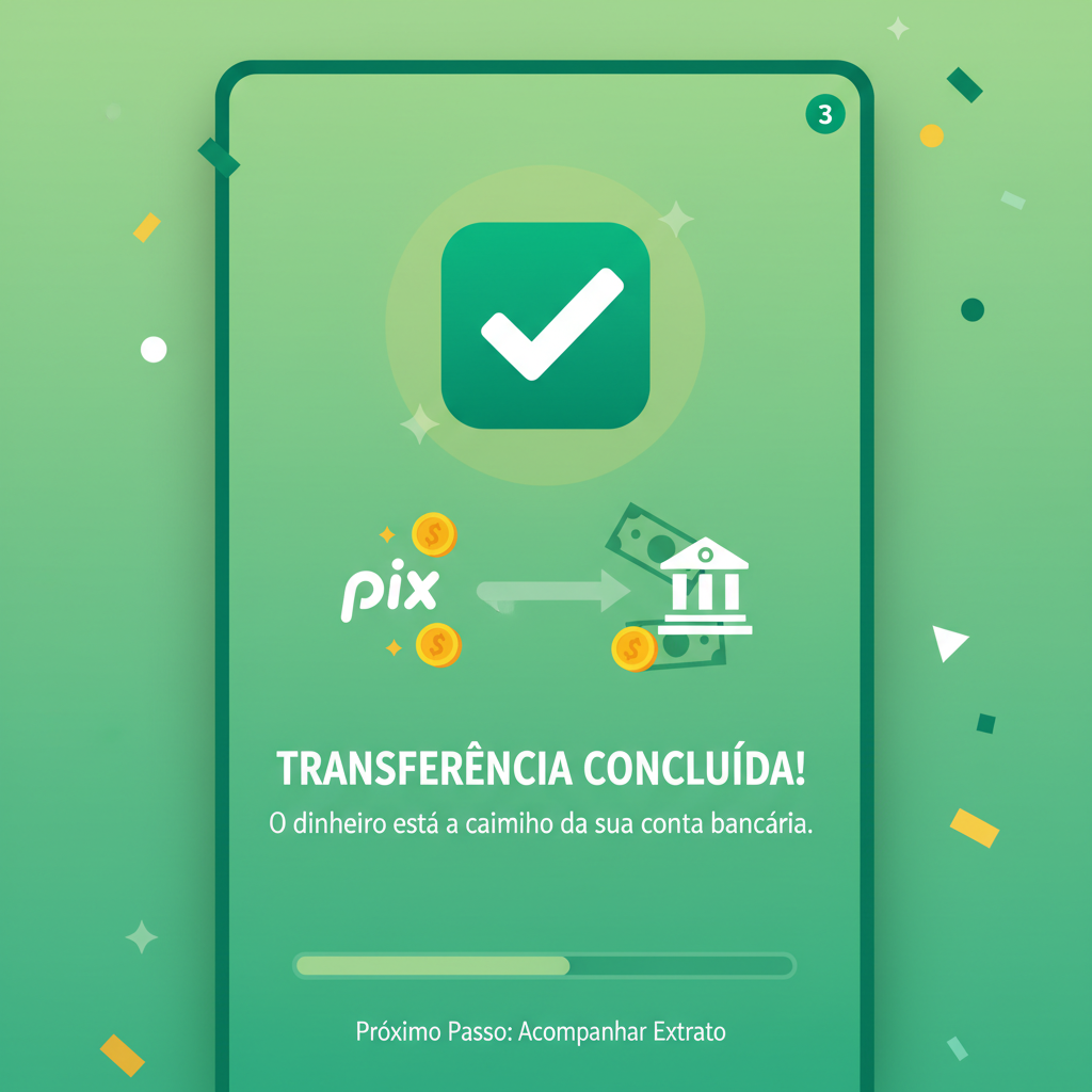 confirmation screen for PIX cashout, success checkmark, money transferring to bank, celebratory green tones